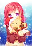  bad_id bad_pixiv_id braid christmas coat covered_mouth crown_braid hat holding holding_stuffed_animal long_sleeves looking_at_viewer love_live! love_live!_school_idol_project nishikino_maki object_hug pf purple_eyes red_hair santa_hat short_hair solo stuffed_animal stuffed_toy sweater teddy_bear upper_body winter_clothes 