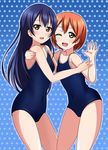  :d ;d blue_hair competition_school_swimsuit hoshizora_rin hug long_hair looking_at_viewer love_live! love_live!_school_idol_project multiple_girls one-piece_swimsuit one_eye_closed open_mouth orange_hair school_swimsuit short_hair smile sonoda_umi swimsuit waving wewe yellow_eyes 
