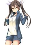  absurdres blush brown_eyes brown_hair haik hair_ribbon highres jacket kantai_collection long_hair looking_at_viewer ribbon shorts simple_background sketch smile solo tone_(kantai_collection) track_jacket translated twintails white_background white_ribbon 