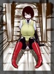  ball_gag boots breasts brown_eyes brown_hair gag gagged gigantic_breasts gym_storeroom high_heel_boots high_heels indoors knee_boots kuroishi_ringo latex looking_at_viewer original red_footwear school_uniform short_hair solo 