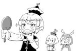  alternate_costume animal_costume bad_id bad_pixiv_id crescent facial_hair gift greyscale hat lunasa_prismriver lyrica_prismriver merlin_prismriver mirror monochrome multiple_girls mustache pozesuke reindeer_costume short_hair siblings sisters smile star touhou 