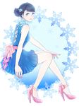  absurdres black_hair fumiko_(konkon288) hair_ornament high_heels highres long_hair no_socks older original pumps setsuko_(kose) snowflake_hair_ornament snowflakes solo 