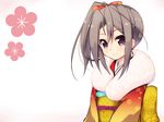  alternate_costume alternate_hairstyle amano_kouki brown_hair c: floral_background gradient gradient_background highres japanese_clothes kantai_collection kimono looking_at_viewer side_ponytail silver_eyes simple_background smile solo zuihou_(kantai_collection) 