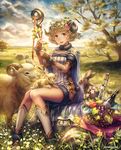  anbe_yoshirou animal apple basket blue_eyes boots bottle breasts brown_hair bunny cape chinese_zodiac cleavage cloud dress flower food fruit gloves grapes grass hair_flower hair_ornament horns kneehighs landscape leaf looking_at_viewer official_art open_mouth scenery sheep sheep_horns shinma_x_keishou!_ragnabreak short_hair sitting small_breasts smile solo staff striped striped_dress thighs tree white_legwear wine_bottle year_of_the_goat 