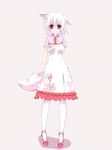  alternate_costume animal_ears asn_s blush breasts casual dress grey_background inubashiri_momiji looking_at_viewer medium_breasts no_hat no_headwear pantyhose red_eyes short_hair silver_hair simple_background smile solo tail touhou white_legwear wolf_ears wolf_tail 