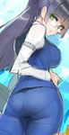  ass black_hair breasts character_request contrapposto glasses green_eyes hand_on_own_stomach hime_cut large_breasts long_hair looking_at_viewer looking_back namaniku_atk pantylines ponytail solo standing 