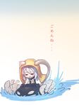  :x bodysuit cape drying drying_hair gloves kantai_collection long_hair pale_skin remana shinkaisei-kan silver_hair sitting tears tentacles towel translated upset wo-class_aircraft_carrier 