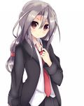  :&lt; amano_kouki black_skirt blazer blush brown_eyes cosplay hatsushimo_(kantai_collection) hatsushimo_(kantai_collection)_(cosplay) highres jacket kantai_collection long_hair looking_at_viewer low-tied_long_hair necktie open_blazer open_clothes open_jacket pleated_skirt red_neckwear revision school_uniform silver_hair simple_background skirt solo white_background zuihou_(kantai_collection) 