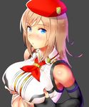  alisa_ilinichina_amiella amano_don bad_id bad_pixiv_id bare_shoulders beret black_gloves blue_eyes blush breast_lift brown_hair elbow_gloves fingerless_gloves gloves god_eater god_eater_2:_rage_burst grey_background hat highres looking_at_viewer neckerchief simple_background sleeveless solo 