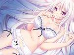  bed_sheet bow bow_bra bow_panties bra breasts game_cg garter_belt highres kamiya_maneki large_breasts long_hair lying navel noblesse_oblige on_back panties red_eyes smile solo tenkawa_yuria underwear underwear_only white white_hair white_panties 