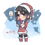  adapted_costume bangs blush boots chibi dress garter_straps gift hat holding holding_gift kantai_collection kona_sleipnir looking_at_viewer parted_bangs red_dress red_eyes santa_boots santa_costume santa_hat short_hair smile solo takao_(kantai_collection) thighhighs zettai_ryouiki 