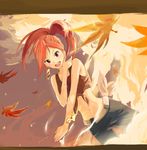  asuna_(pokemon) bare_shoulders honomaji leaf maple_leaf midriff navel pokemon pokemon_(game) pokemon_oras ponytail red_eyes red_hair smoke solo 