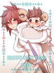  2boys baby blush brown_eyes brown_hair carrying chinese_zodiac father_and_son fatherly folks_(nabokof) happy_new_year horns kratos_aurion lloyd_irving male_focus multiple_boys new_year red_eyes red_hair shawl sheep_horns smile spiked_hair spoilers sword tales_of_(series) tales_of_symphonia weapon year_of_the_goat younger 