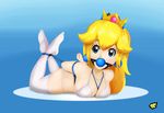  1girl ball_gag bdsm blonde_hair bondage bound gag hogtie mario_(series) nintendo panties princess_peach sharpffffff super_mario_bros. thighhighs underwear 