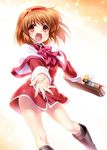  alternate_costume bag blush boots brown_hair hairband holding jpeg_artifacts kanon kneehighs long_sleeves open_mouth outstretched_arms red_eyes rubber_boots school_bag school_briefcase school_uniform short_hair solo tsukimiya_ayu zen 
