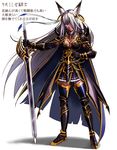  animal_ears armor breasts cape cleavage dark_skin earrings gauntlets greaves jewelry large_breasts long_hair nyamota original pink_eyes solo standing sword thighhighs very_long_hair weapon white_hair zettai_ryouiki 