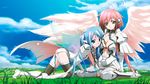  ahoge angel angel_wings blue_eyes blue_hair breasts chain choker cleavage collar gloves gradient_hair green_eyes hair_ribbon head_on_chest highres ikaros large_breasts long_hair looking_at_viewer midriff multicolored_hair multiple_girls navel nymph_(sora_no_otoshimono) open_mouth pink_hair ribbon robot_ears sitting sora_no_otoshimono twintails very_long_hair wallpaper wariza watanabe_yoshihiro wings 
