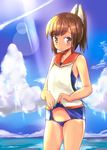  bad_id bad_pixiv_id banned_artist bare_shoulders blue_sky blush brown_eyes brown_hair cloud collarbone cowboy_shot day hair_ornament i-401_(kantai_collection) kantai_collection lens_flare ponytail school_swimsuit school_uniform serafuku short_ponytail sky sleeveless smile solo standing swimsuit swimsuit_lift swimsuit_under_clothes tan water yuib3_(yuibitch) 