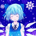  batta_(ijigen_debris) blue_hair bow cirno closed_eyes hair_bow ice ice_wings short_hair snowflakes solo touhou wings 