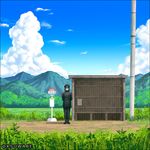  abyssal_admiral_(kantai_collection) admiral_suwabe arms_behind_back bus_stop cloud cloudy_sky day hat horizon kantai_collection kei-suwabe military military_uniform mountain mountainous_horizon naval_uniform peaked_cap scenery shinkaisei-kan signpost sky solo telephone_pole twitter_username uniform 