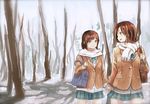  :d bad_id bad_pixiv_id bag bow brown_eyes brown_hair buttons day handbag holding_hands jacket multiple_girls open_mouth original outdoors scarf skirt smile snow syou_(endemic_species) tree 