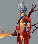  armor blade blonde_hair defense_of_the_ancients dota_2 erection fire gauntlets helmet horns looking_at_viewer lucifer_(dota_2) lvlv male_focus penis precum red_eyes shirtless simple_background solo spiked_hair sword tongue tongue_out weapon 