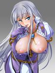  anemone_(sennen_sensou_aigis) blue_eyes breast_hold breasts breasts_outside brooch cowboy_shot elbow_gloves finger_to_mouth gloves jewelry large_breasts long_hair looking_at_viewer nipples no_bra open_mouth puffy_sleeves purple_gloves sasayuki sennen_sensou_aigis silver_hair smile solo very_long_hair 
