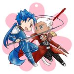  archer blue_hair brush chibi dark_skin dark_skinned_male dual_wielding fang fate/stay_night fate_(series) gae_bolg grey_eyes holding holding_needle hwen118 lancer multiple_boys needle polearm red_eyes spear weapon white_hair 