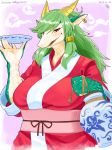  1girl borrowed_character brown_eyes dragon furry green_hair japanese_clothes kame_(3t) long_hair solo 