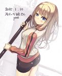  bike_shorts blonde_hair blue_eyes dated from_behind garnet highres long_hair looking_back md5_mismatch sheath sketch smile solo sword weapon 