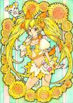  blonde_hair bow choker cure_sunshine flower hair_ornament hair_ribbon hands_on_own_face heart heartcatch_precure! long_hair looking_at_viewer magical_girl midriff myoudouin_itsuki navel open_mouth orange_bow orange_choker orange_skirt potpourri_(heartcatch_precure!) precure ribbon sayococco skirt solo striped striped_background sunflower surprised traditional_media twintails vertical-striped_background vertical_stripes very_long_hair watercolor_(medium) wrist_cuffs yellow_bow yellow_eyes 