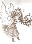 bow breathing_fire daiyousei fairy_wings fire hair_bow highres monochrome one_eye_closed side_ponytail solo touhou wings yuran_(kuen-hien) 