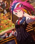  bandana food grin hamburger idolmaster idolmaster_(classic) idolmaster_million_live! looking_at_viewer maihama_ayumu multicolored_hair multiple_girls official_art one_eye_closed pink_eyes pink_hair ponytail shijou_takane smile solo_focus thumbs_up 