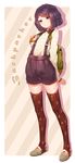  :/ backpack bag english fangxiang_cuoluan full_body hair_ornament hairclip highres legs original purple_eyes purple_hair red_legwear shoes shorts silhouette sleeves_past_wrists solo stirrup_legwear striped striped_background suspenders sweater thighhighs toeless_legwear 