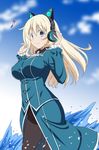  atago_(kantai_collection) axent_wear blonde_hair blue_eyes breasts cat_ear_headphones cloud day eighth_note headphones kantai_collection large_breasts long_hair marugoshi_teppei musical_note pantyhose skirt sky smile solo water 