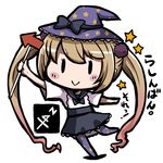  blonde_hair blush chibi directional_arrow es_(eisis) hat kantai_collection long_hair looking_at_viewer majokko_(kantai_collection) pantyhose rashinban_musume school_uniform smile solo star star_print translation_request twintails witch_hat 