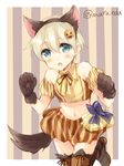  animal_ears bare_shoulders blue_eyes blush boots food_themed_hair_ornament gloves hair_ornament halloween headband jack-o'-lantern kantai_collection looking_at_viewer maruki_(punchiki) midriff navel open_mouth paw_gloves paws pumpkin_hair_ornament short_hair silver_hair solo tail thighhighs twitter_username z1_leberecht_maass_(kantai_collection) 
