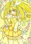  bike_shorts blonde_hair bow choker cure_peace double_v eyelashes frills hair_flaps hair_ornament kise_yayoi lipstick long_hair looking_at_viewer magical_girl makeup open_mouth ponytail precure puffy_sleeves ribbon sayococco shorts shorts_under_skirt skirt smile_precure! solo star tiara v wrist_cuffs yellow yellow_background yellow_bow yellow_eyes yellow_shorts yellow_skirt 