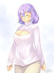  absurdres blush breasts cleavage closed_eyes dated hair_ornament hairclip highres kokka_han large_breasts letty_whiterock meme_attire open-chest_sweater pants purple_hair ribbed_sweater short_hair smile solo sweater touhou turtleneck 