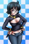  bikini_jeans black_hair bracelet breasts chain chain_necklace checkered checkered_background cleavage cleavage_cutout covered_nipples cross cross_necklace denim glasses gold_chain groin hands_on_hips highres hoimin_(anchangdeath) hunter_x_hunter inverted_cross jeans jewelry large_breasts looking_at_viewer lowleg lowleg_pants meme_attire midriff navel necklace open-chest_sweater pants purple_eyes shizuku_(hunter_x_hunter) short_hair solo sweater tattoo turtleneck 