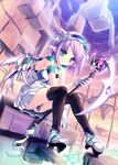  blue_eyes dutch_angle elf highres holding looking_at_viewer mechanical_wings original pointy_ears purple_hair scythe short_hair sitting smile solo tenmaso wings 