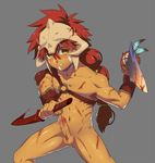  abs armor belly blade blood cuts defense_of_the_ancients dota_2 erection helmet huskar injury long_hair looking_at_viewer lvlv male_focus midriff muscle navel penis precum red_hair shirtless simple_background skull solo spiked_hair sword tribal weapon yellow_eyes 