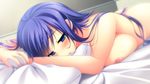  1girl areolae atou_subaru bed blue_eyes blue_hair blush breast_press breasts chuablesoft game_cg highres huge_breasts kunai_uri long_hair looking_away lying nipples noblesse_of_rouge nude on_stomach pillow solo 
