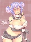  absurdres alternate_hairstyle blush breasts choker cleavage closed_eyes dated elbow_gloves fur_trim gloves highres horns kokka_han large_breasts letty_whiterock midriff navel open_mouth plump short_shorts short_twintails shorts solo thighhighs touhou twintails wool 