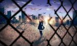  40hara blonde_hair breasts chain-link_fence cityscape cloud dress fence hairband original red_eyes sheep_girl sky small_breasts solo standing sun thighhighs zettai_ryouiki 