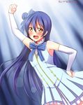 arm_up bare_shoulders blue_dress blue_hair blush bow clenched_hands dated detached_sleeves dress hair_bow hand_on_hip highres long_hair love_live! love_live!_school_idol_project open_mouth raised_fist solo sonoda_umi start:dash!! yellow_eyes yu-ta 