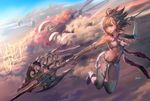  bodysuit breasts brown_hair cloud elbow_gloves evening flying gloves midriff new_year original pointy_ears polearm red_eyes short_ponytail skin_tight sky small_breasts solo spear thighhighs umiu_geso weapon white_gloves 