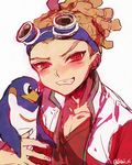  bird blush face goggles goggles_on_head grin inazuma_eleven inazuma_eleven_(series) kairi_(kai_ri) kidou_yuuto looking_at_viewer male_focus penguin red_eyes smile solo twitter_username upper_body white_background 