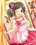  ;d artist_request ayase_honoka black_hair bracelet brown_eyes closed_eyes dress flower frilled_square_(idolmaster) hair_bun hair_flower hair_ornament idolmaster idolmaster_cinderella_girls jewelry kitami_yuzu kudou_shinobu mirror momoi_azuki multiple_girls official_art one_eye_closed open_mouth pink_dress reflection short_hair smile 