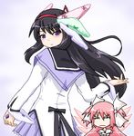  akemi_homura annoyed black_hair hairband hayashiya_zankurou kaname_madoka long_hair magical_girl mahou_shoujo_madoka_magica multiple_girls panties pink_hair purple_eyes red_hairband short_hair two_side_up ultimate_madoka underwear 